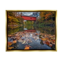 Studell jesensko lišće riječno most pejzaž fotografija zlatni plutač uokviren umjetnički print zidna umjetnost