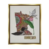 Stupell Industries Minnesota State Loon Bird zamršeno cvjetajuće cvjetove Grafička umjetnost Metalno zlato plutajuće