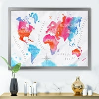 DesignArt 'World karta u plavoj i ružičastoj' Moderni uokvireni umjetnički tisak