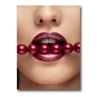 DesignArt 'Djevojka s crvenim biserima u ustima u senzualnoj pozi' Moderno platno zidne umjetničke print