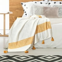 Ručno tkani pokrivač od organskog pamuka u zlatnožutoj i bijeloj prugastoj boji, 5060