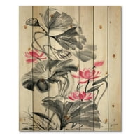 DesignArt 'Pink vintage lotosov cvijet i jednobojne lišće' tradicionalni tisak na prirodnom borovom drvetu