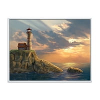 DesignArt 'Svjetionik na stjenovitoj obalnoj litici u Večernjem svjetlu' nautički i obalni uokvireni platno zidni