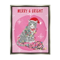 Merry & Bright Božićna mačka odmor grafička umjetnost luster siva uokvirena umjetnička print zidna umjetnost