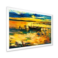 Čamac na jezeru tijekom večeri sjaj vi uokviren slikanje platna umjetnički tisak