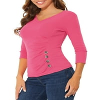 Jedinstvene povoljne ponude ženski v vratni rukavi pleteni gumbi dekor ruširana bluza bluza