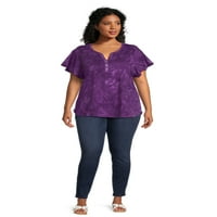 Terra & Sky Women's Plus Size Flutter Sleeve Henley Tee