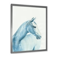 Dizajnerski crtež portret svijetloplavog konja izbliza uokviren seoskom kućom