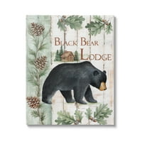 Stupell Industries Black Bear Lodge Rustikalna kabina Botanicals Sign Graphic Art Gallery Wrapped Canvas Print Wall