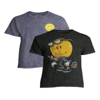 Muške i velike muške žute Smiley & American Smiley grafičke majice, 2-pack