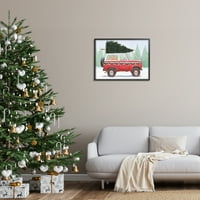 Crveni kamion zimsko božićno drvce snježna šuma uokvirena slika umjetnički otisci