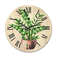 Dizajnerski crtež tropska biljka Zamioculcas sa zelenim lišćem na bijeloj pozadini tradicionalni drveni zidni sat