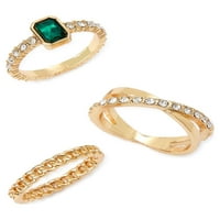 Nakit u rasponu od marke A. M., set ženskih prstenova sa zelenim kamenjem u zlatnoj nijansi, veličina 6, 7, 8, za