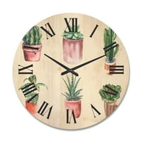 Dizajnerski crtež Kaktusi i Sukulenti u glinenom loncu tradicionalni drveni zidni sat