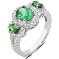 Stvoren smaragdni i bijeli safirski dragulj Sterling Silver Silver Tri kamena ovalni okvir prsten